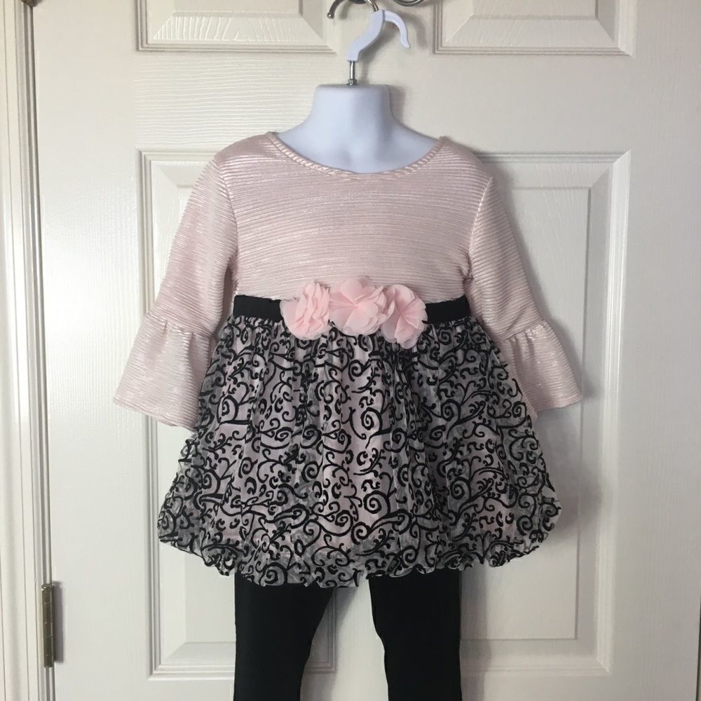 LITTLE LASS Floral Velvet Dress & velvet leggings - Picture 1 of 7
